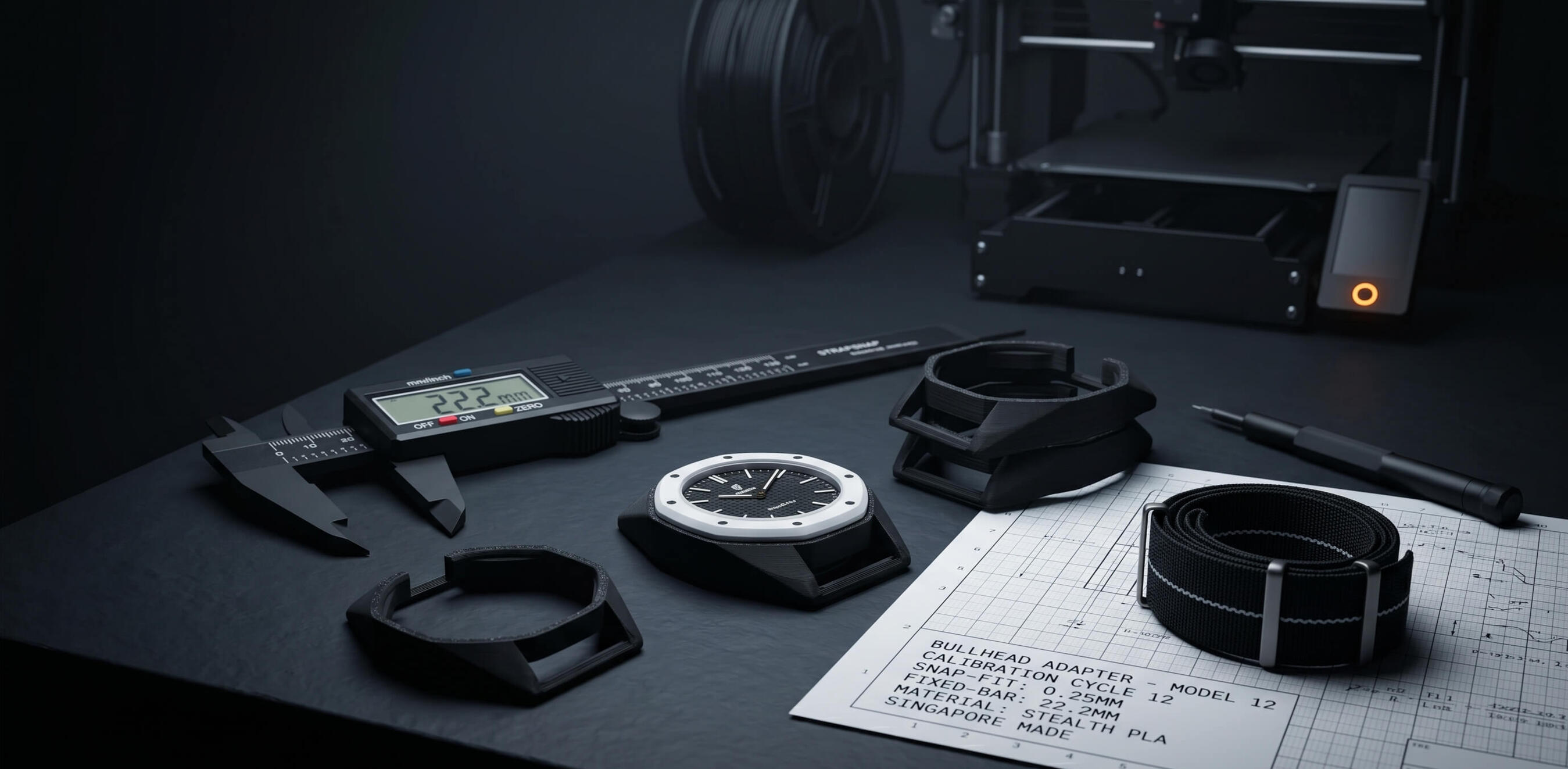 An independent watch hardware engineering workspace in Singapore featuring digital calipers, a 3D printer, and precision prototyping of PLA watch adapters.