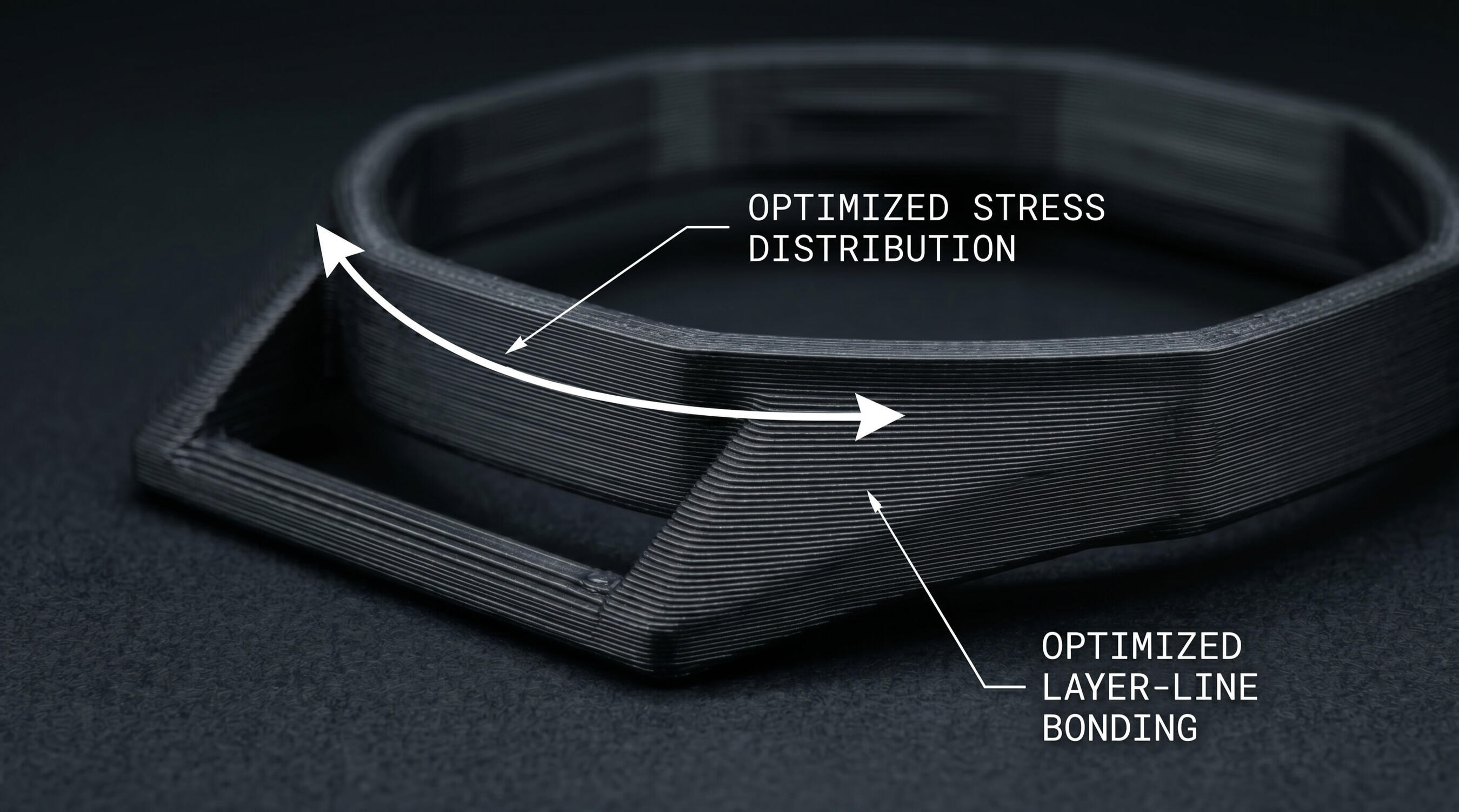 Detailed view of the matte black PLA 3D printed adapter showing optimized curved design for superior layer bonding and stress distribution.