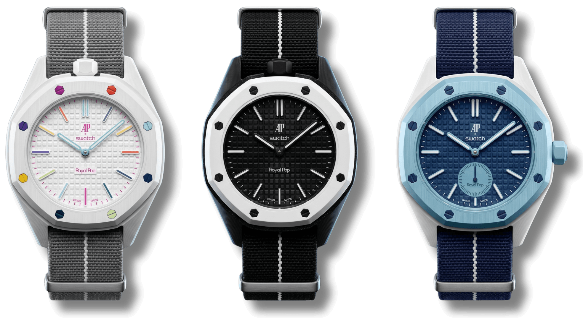 Three customized Swatch Royal Pop watches equipped with STRAPSNAP adapters and high-comfort elastic NATO straps in curated colorways.