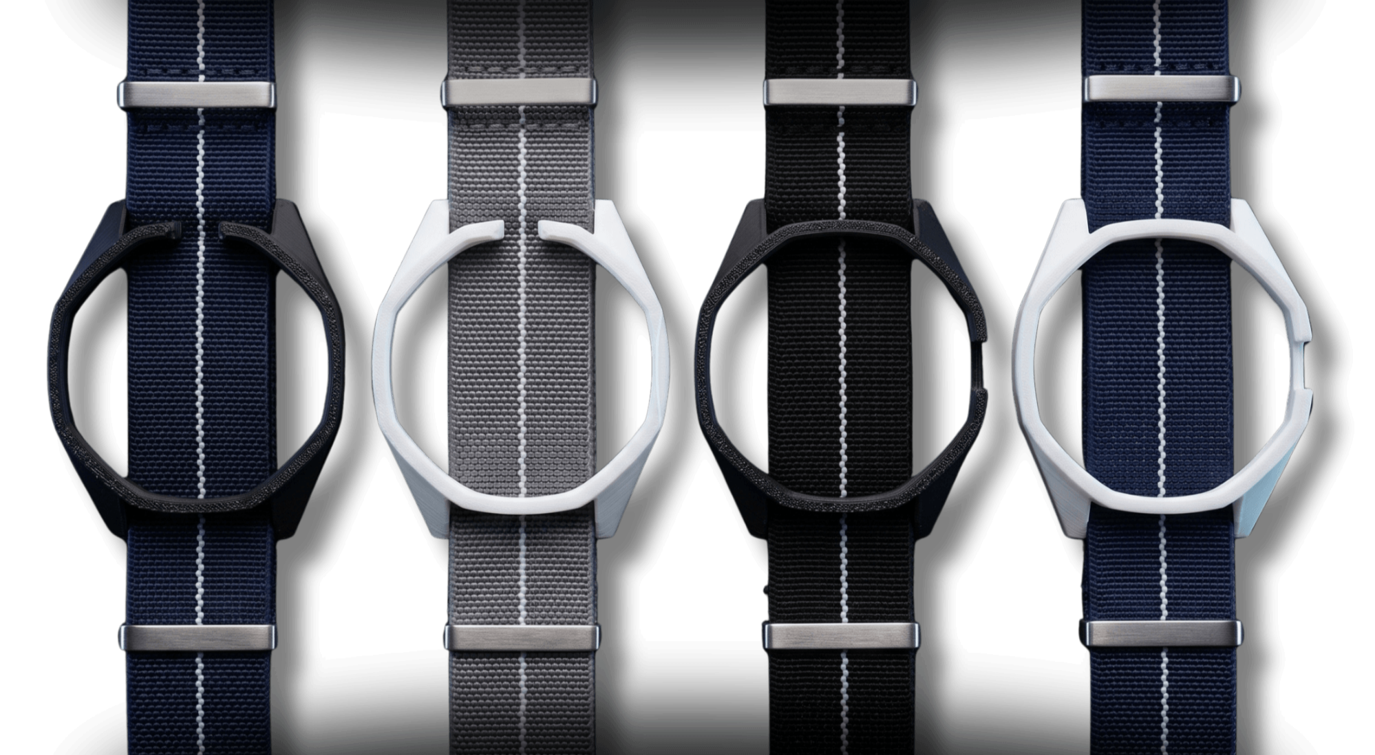 Product grid showcasing STRAPSNAP Model 3 and Model 12 adapters in Stealth Black and Alpine White PLA paired with three elastic NATO strap options.